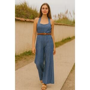 Anthropologie Elevenses SZ 6 Linen Cotton Blend Sharlene Denim Jumpsuit